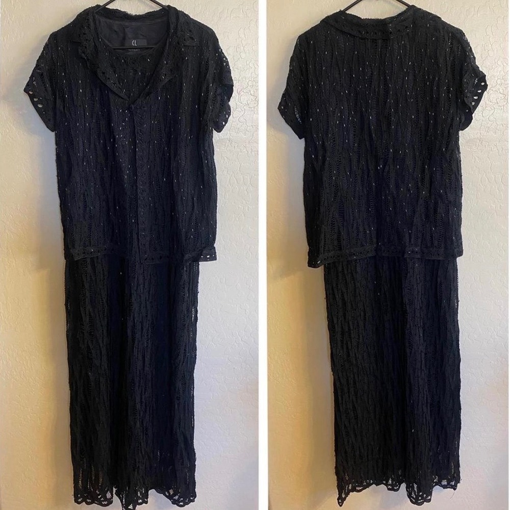 Carole Little Vintage Black Beaded Crochet‎ Lace Maxi Dress and Jacket Set 10